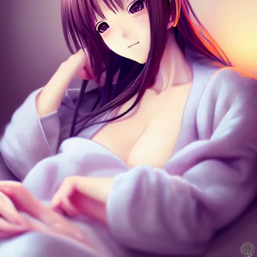 Image similar to beautiful serene intricate portrait of a realistic anime girl, smiling softly, wearing casual clothes, relaxing on the couch, interior lighting, cozy living room interior, soft focus, 8 k, art by irakli nadar, hyperrealism, hyperdetailed, ultra realistic