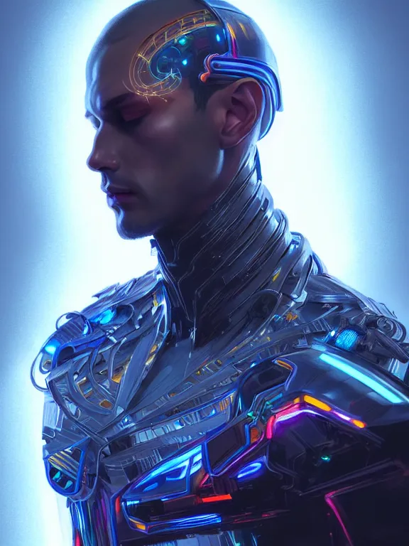 Image similar to portrait of male humanoid, intricate, masculine, cyber neon lights, highly detailed, digital photography, artstation, stylish pose, concept art, smooth, sharp focus, illustration, art by artgerm and greg rutkowski