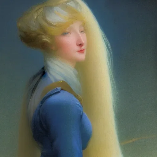 Prompt: a young woman's face, her hair is white and she wears an indigo blue satin cloak, by ivan aivazovsky and syd mead and moebius and gaston bussiere and roger dean and pieter claesz and paul delaroche and alma tadema and aelbert cuyp and willam claesz, hyperrealistic, volumetric light, octane render