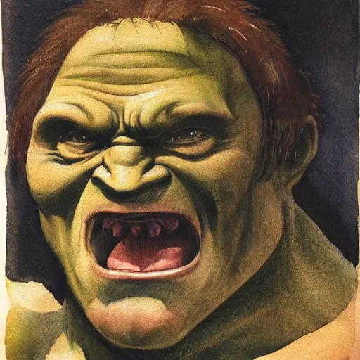 Prompt: Portrait of the hulk manically laughing. It is evening. The mood of the picture is dark and menacing. Watercolor. By Leonardo da Vinci.