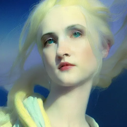 Image similar to young woman's face, her hair is white and she wears a cobalt blue satin cloak, by ivan aivazovsky and syd mead and moebius and gaston bussiere and roger dean and odd nerdrum and pieter claesz and paul delaroche and alma tadema and aelbert cuyp, hyperrealistic, volumetric light, octane render