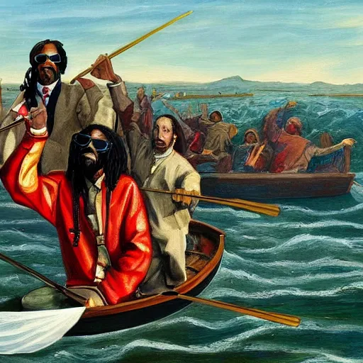 Image similar to Snoop Dogg crossing the Delaware, oil on canvas