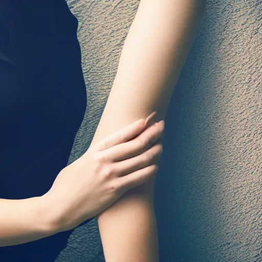 Image similar to a female examines her arm which is made out of complex scientific data visualised with lines and symmetrical patterns. cinematic 8 k, depth of field, bokeh.