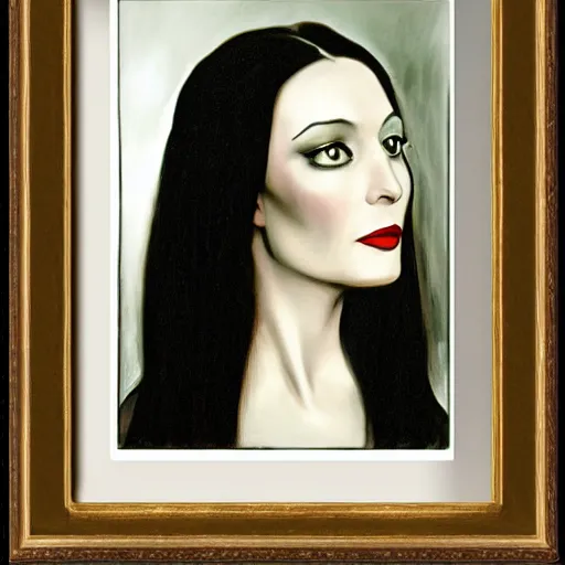 Image similar to portrait still of morticia addams, art style by millais,