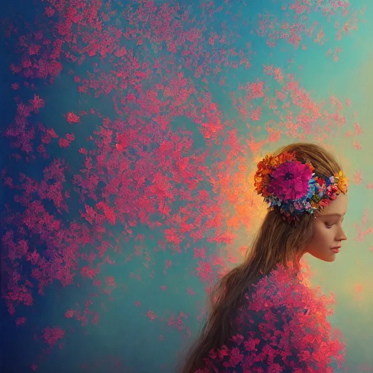 Image similar to a beautiful oil painting hyperrealism of a beautiful woman, flowers, floral headdress, 8 k resolution, octane render, trending on artstation, by gediminas pranckevicius, volumetric light 2 blue fractal thunder glow by dan mumford, anaglyph effect, laurie lipton