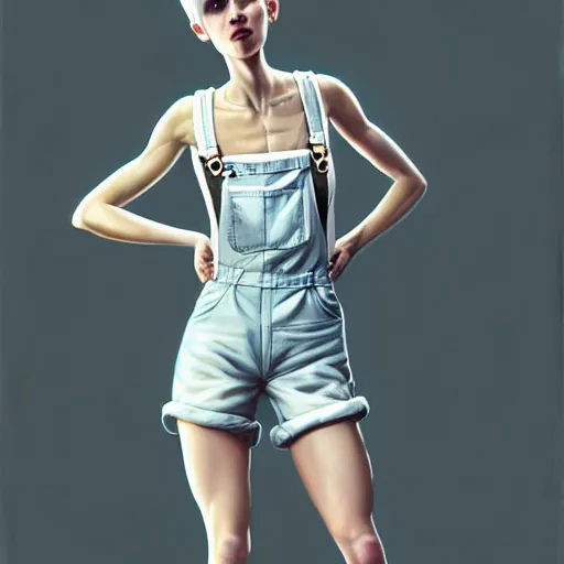 Prompt: full body pose, beautiful androgynous girl, white pixie cut hair, torn overalls, short shorts, combat boots, fishnets, beautiful, highly detailed face, true anatomy!, extremely detailed!, digital painting, unreal engine 5, art by tom bagshaw