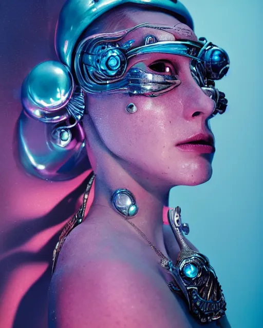 Image similar to natural light, soft focus portrait of a cyberpunk anthropomorphic snail with soft synthetic pink skin, blue bioluminescent plastics, smooth shiny metal, elaborate ornate head piece, piercings, skin textures, by annie leibovitz, paul lehr