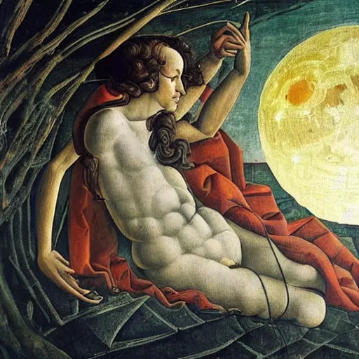 Prompt: Painting of Sandro Botticelli set on the moon