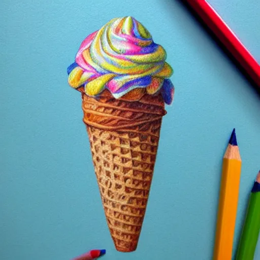 Image similar to Colored pencil art on paper, Ice Cream cone, highly detailed, artstation, MasterPiece, Award-Winning, Caran d'Ache Luminance