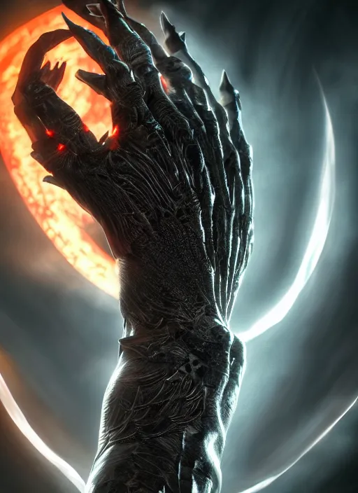 Image similar to femto god hand from berserk, ultra detailed fantasy, elden ring, realistic, dnd character portrait, full body, dnd, rpg, lotr game design fanart by concept art, behance hd, artstation, deviantart, global illumination radiating a glowing aura global illumination ray tracing hdr render in unreal engine 5