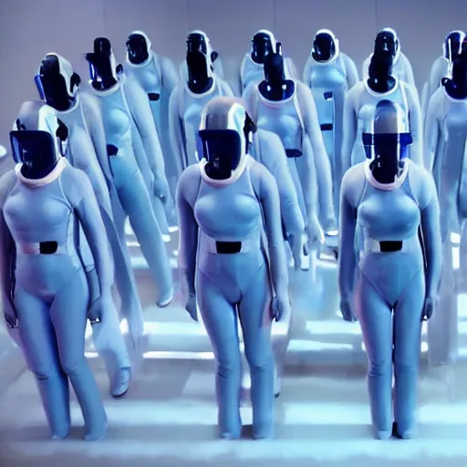 Prompt: troop of cloned women with white bob hairdos, tight light blue space cadet suits, futuristic cloning facility, sci - fi, highly detailed, cinematic