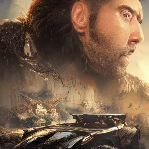 Image similar to Nicolas Cage, hypermaximalistic, high details, dramatic lighting, epic scenery, cinematic, 8k resolution, beautiful detailed, insanely intricate details, artstation trending, octane render, unreal engine,