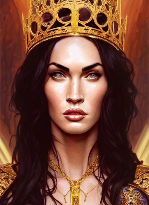 Prompt: portrait of megan fox as a queen, throne, jewelry, greek, violette, intricate, headshot, highly detailed, digital painting, artstation, concept art, sharp focus, cinematic lighting, illustration, art by artgerm and greg rutkowski, alphonse mucha, cgsociety