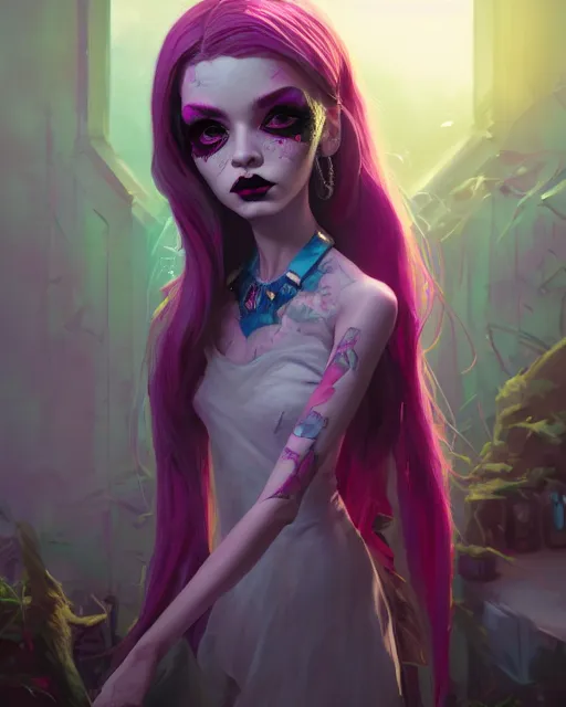 Image similar to portrait of monster high doll, stephen bliss, unreal engine, by greg rutkowski, loish, rhads, makoto shinkai and lois van baarle, ilya kuvshinov, rossdraws, global illumination, radiant light, detailed and intricate environment, pastel lighting