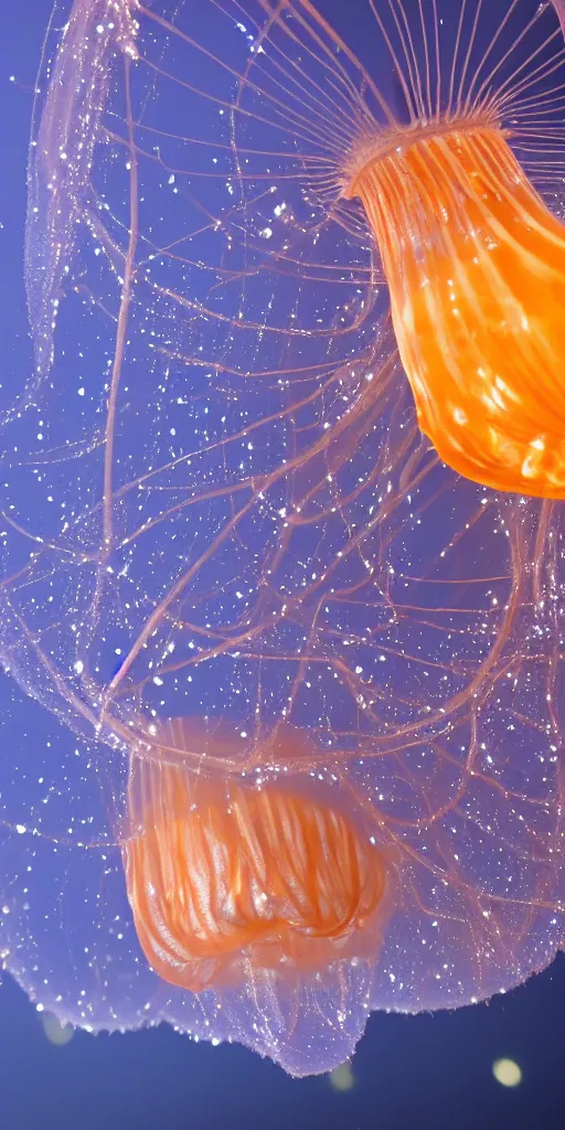 Image similar to at night, big blue jellyfish glowing in the night, very close detailed closeup, bokeh