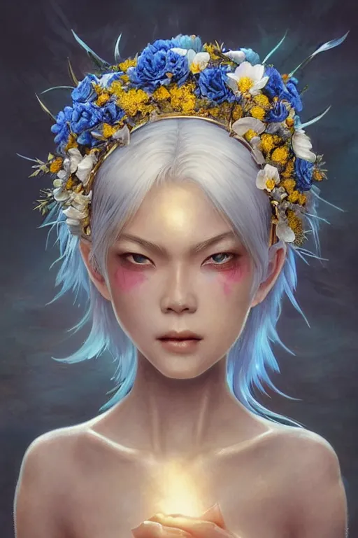 Image similar to a pale Ute Japanese girl with white hair, floral crown, sad blue eyes, cinematic lighting, ultra detailed, highly detailed, sharp focus, golden background with flowers, golden jewellery with blue sapphires, photographic, art by artgerm and greg rutkowski and zdislav beksinski