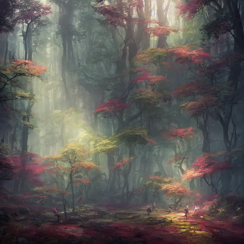 Image similar to A beautiful and colourful forest by Greg Rutkowski, Sung Choi, Mitchell Mohrhauser, Maciej Kuciara, Johnson Ting, Maxim Verehin, Peter Konig, final fantasy , 8k photorealistic, cinematic lighting, HD, high details, atmospheric,