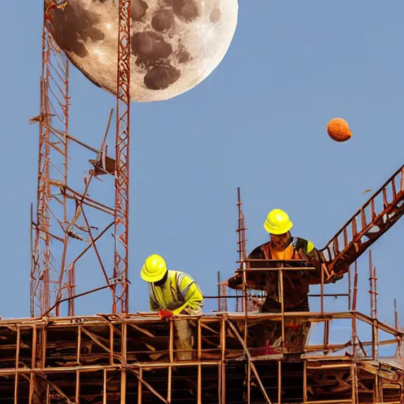 Image similar to two construction workers removing the moon from the sky