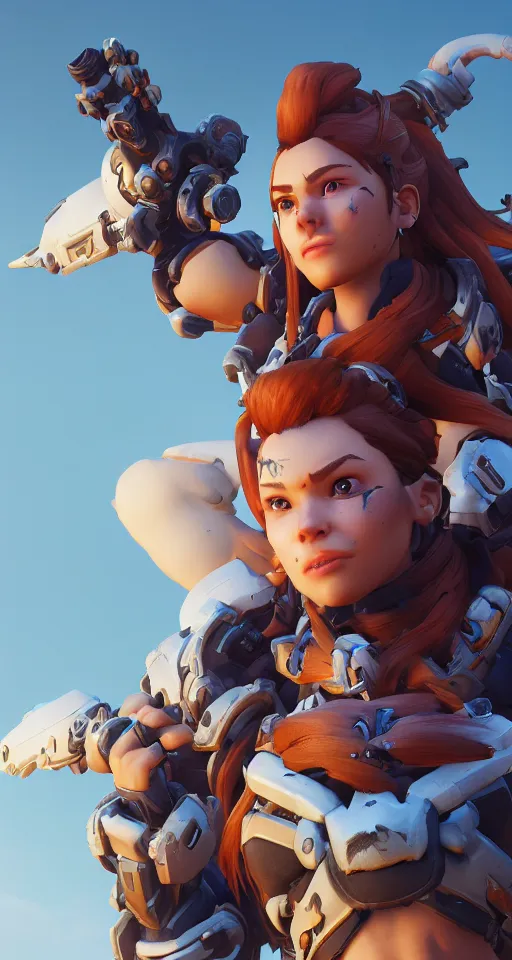 Image similar to one character, overwatch, brigitte, horizon zero dawn, aloy, digital art, high detailed, artstation, octane render