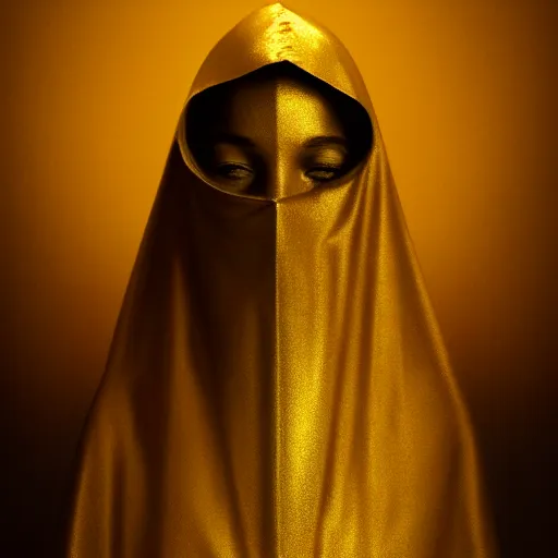 Image similar to a portrait of a young woman wearing a long dark cloak, hood and shadows covering face, holding golden chains, oil painting, matte painting, black background, Volumetric Golden dappled dynamic lighting, Highly Detailed, Cinematic Lighting, Unreal Engine, 8k, HD, by Beksinski