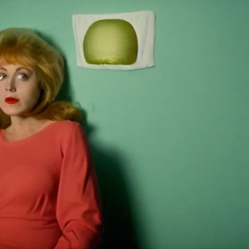 Image similar to still from a 1980 arthouse film about a depressed housewife dressed as a squishy inflatable toy who meets a handsome younger man in a seedy motel room, color film, 16mm soft light, art on the wall