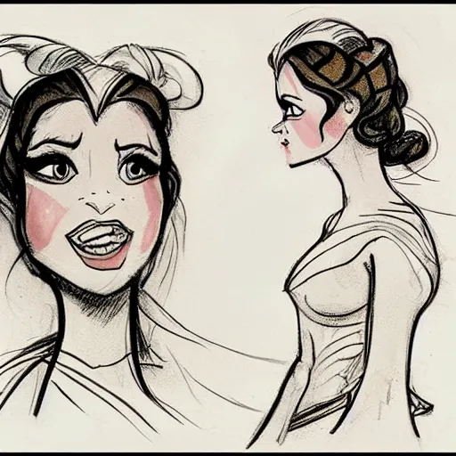 Image similar to milt kahl sketch of vanessa hudgeons with done up hair, tendrils covering face and ponytail as princess padme from star wars episode 3