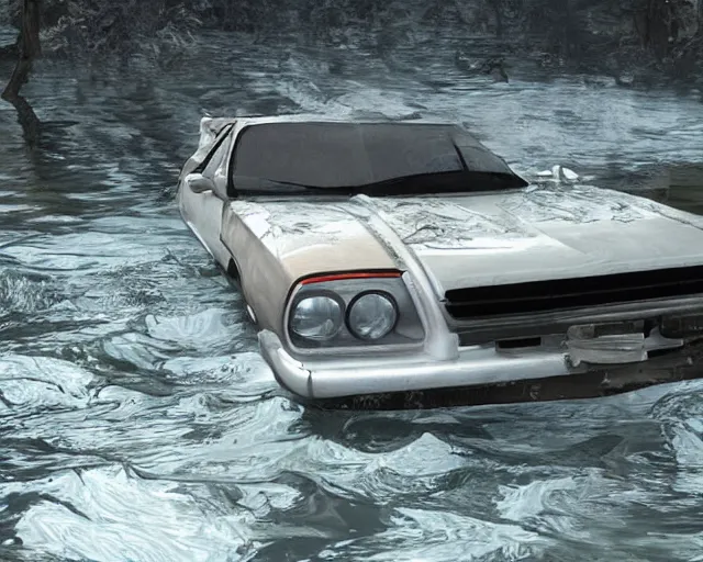 Image similar to white lotus esprit submerged under water, cinematic, photoreal, by red dead redemption 2