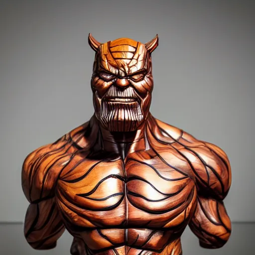 Image similar to a completely made of wood, real - world sculpture bust of the thanos marvel character, made of highly polished walnut wood, polished, cedar, polished tiger - wood. photograph, photographic, 3 5 mm