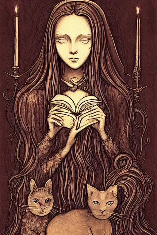 Prompt: da vinci illustration of romantic girl, her cat and her book of necronomicon, symmetrical, cinematic, sharp focus, 4 k, ultra hd, sense of awe, sinister demonic atmosphere, dreadful, forbidden knowledge, old gods, cthulhu, yog - sothoth! yah, yah, yah! cultist journal cover