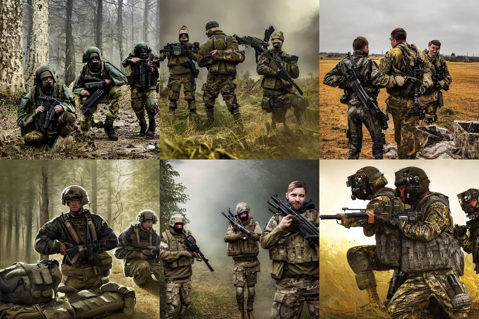 Prompt: Portrait of a modern German Bundeswehr squad in full gear wearing Flecktarn shooting shooting shooting shooting at enemy forces from behind cover, cinematic lighting, front lighting, 4k, warfare, by Greg Rutkowski, combat, intense, muzzle flash, gunfire