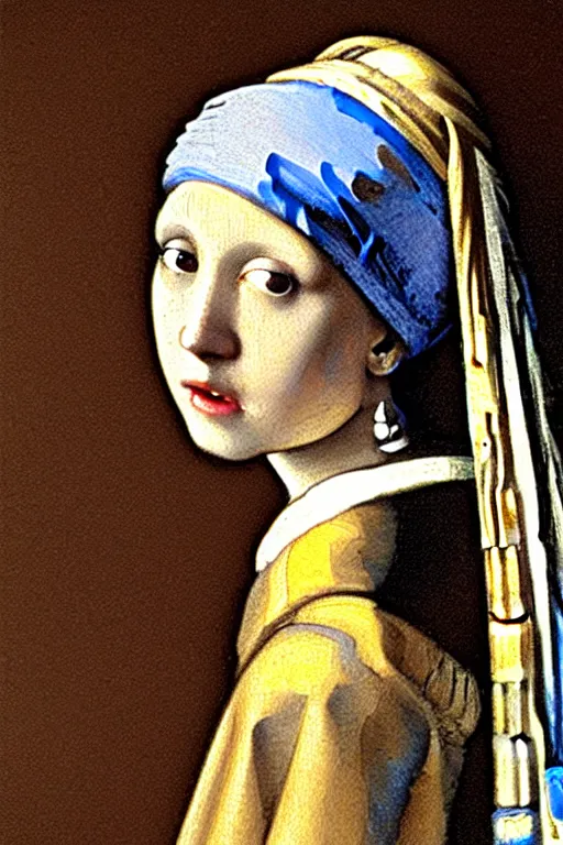 Prompt: Girl with a pearl earring by Mucha,Reference to johannes vermeer.