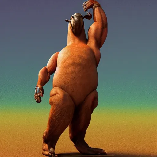 Image similar to a muscular humanoid capybara man posing and flexing his muscles, trending on artstation, centered