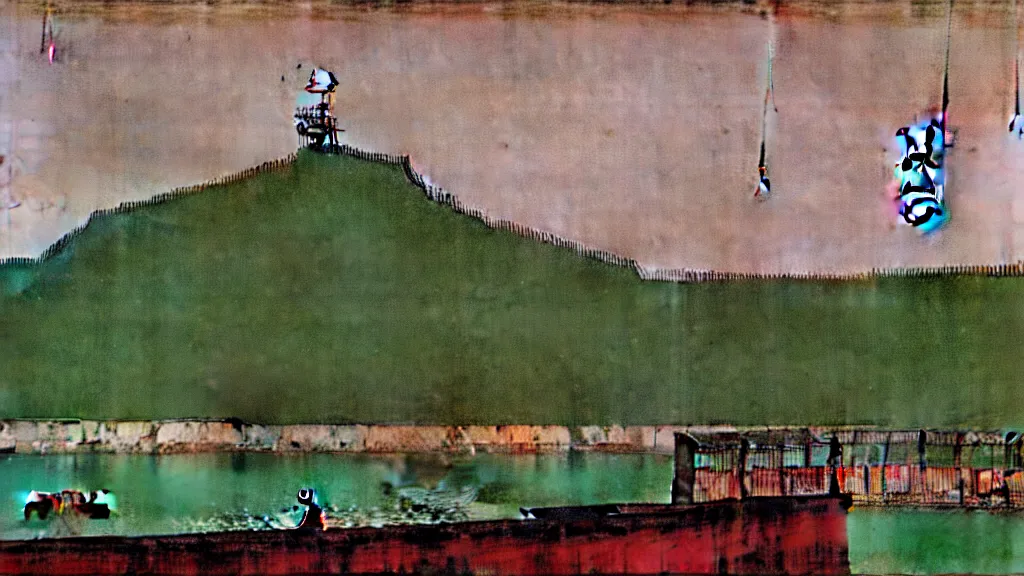 Image similar to a chinese prison near a river by peter doig, muted colors