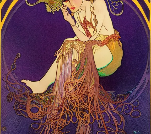 Image similar to the empress of the jellyfish, art nouveau portrait, by alphonse mucha, Adolfo Hohenstein, Alice Russell Glenny, Stanley Artgerm Lau, greg rutkowski, thomas kindkade, loish