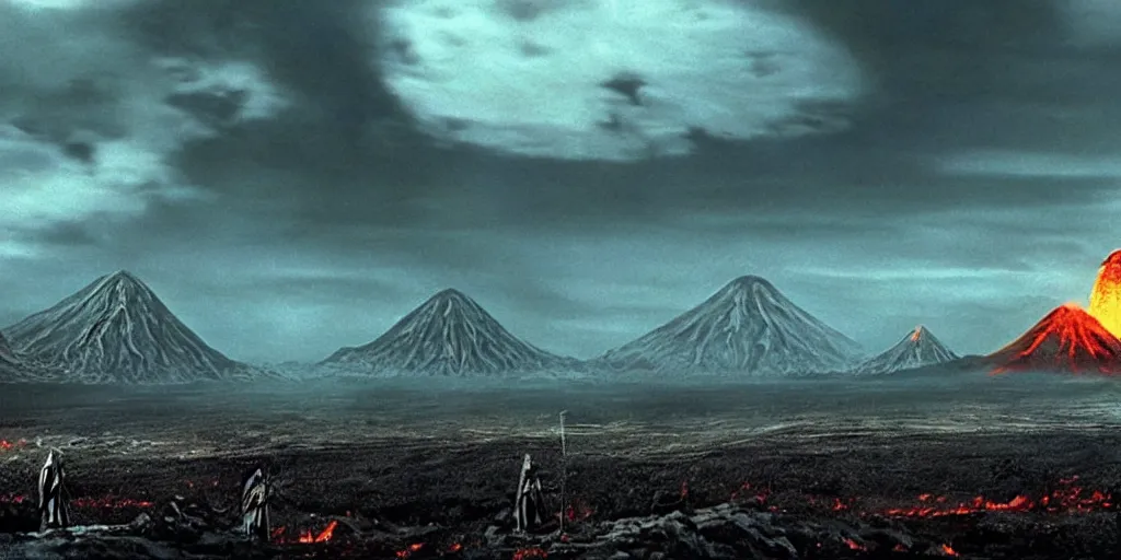 Image similar to lord of the rings movie still, directed by ridley scott in the style of h. r. giger, landscape of mordor with mount doom erupting in the background and barad - dur in the foreground, dark, cinematic, cinemascope