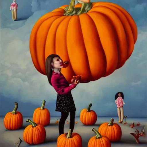 Prompt: Girl eats a giant pumpkin, painting by Mark Ryden