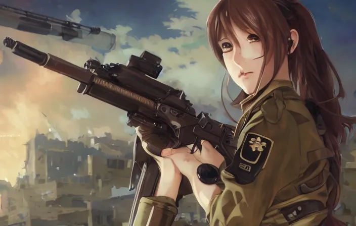 Image similar to soldier under heavy fire, infantry girl, anime style, long hair, hair down, symmetrical facial features, explosions, from girls frontline, hyper realistic, pale skin, rule of thirds, extreme detail, 4 k, detailed drawing, trending artstation, hd, trading card, by alphonse mucha, greg rutkowski, sharp focus, backlit