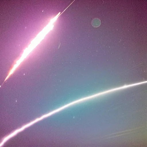 Prompt: rocket booster reentering atmosphere, at night, bright streaks, grainy quality, shot on iphone