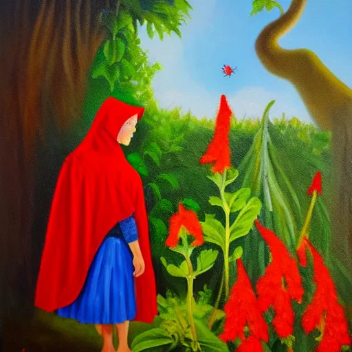 Image similar to oil painting of little red riding hood gazing up at brugmansia suaveolens flowers