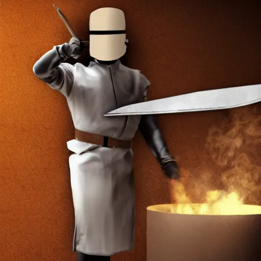 Prompt: hyperrealistic, cardboard boxman with cardboard armor, wielding a cardboard sword inside a kitchen, cabinets, stove