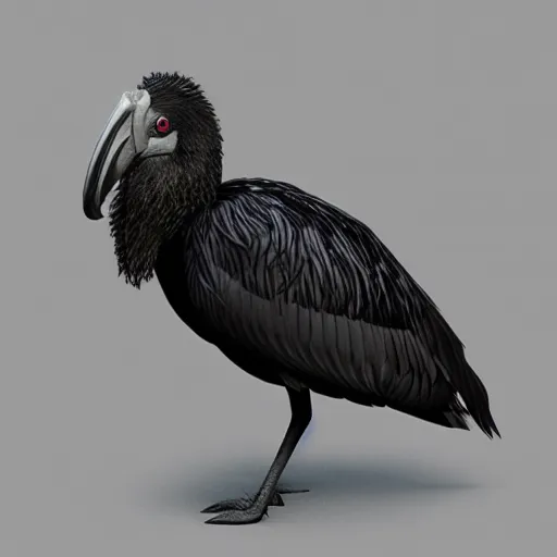 Prompt: black wood shoebill, photorealism, Unreal Engine, artstation with dark leafs around