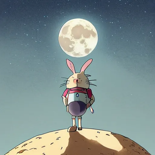 Image similar to a study of cell shaded cartoon mega bunny from howl's moving castle ( 2 0 0 4 ) on a desert road, in front of a big moon, full body, wide shot, very muted colors, post grunge, studio ghibli, laurie greasley, highly detailed, deviantart, art by artgem