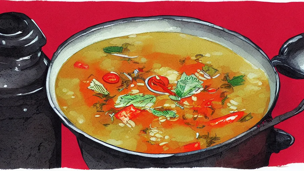 Prompt: soup, kseniia yeromenko, rob duenas, watercolor, illustration, red background, highly detailed