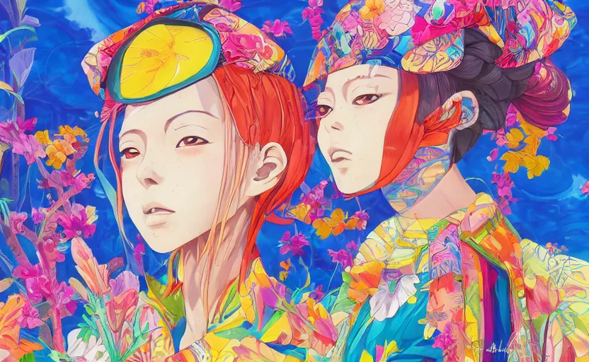 Prompt: beautiful anime painting of sunny hiphop solarpunk summertime chill, by martine johanna, njideka akunyili crosby, rossdraws. trending on artstation, 8 k, masterpiece, graffiti paint, fine detail, full of color, intricate detail, golden ratio illustration
