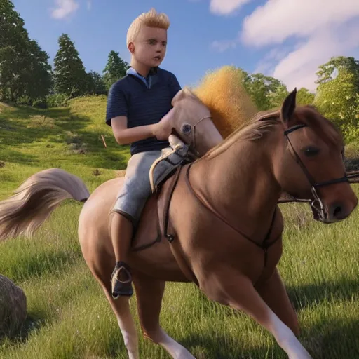 Image similar to a detailed portrait of boy with blonde hair riding a horse, unreal engine 5 rendered, incredibly highly detailed and realistic, 8 k, sharp focus, studio quality