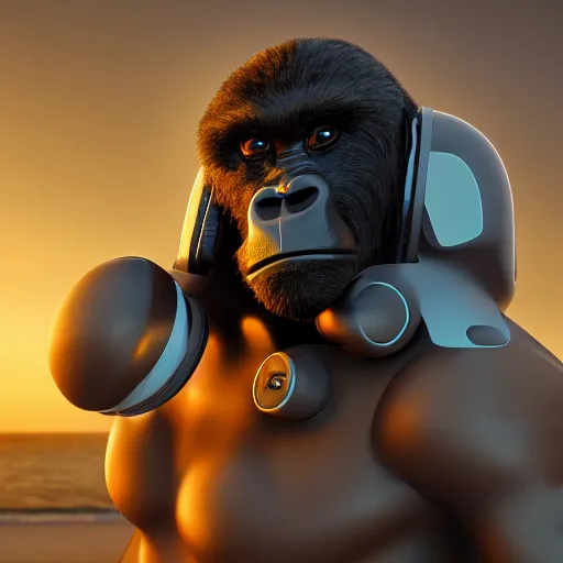 Image similar to cybernetic, anthropomorphic gorilla, face covered by cyberpunk visor, smooth round shapes, male, commission on furaffinity, cgsociety, octane render, beach in background