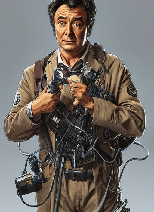 Image similar to Columbo as a Ghostbuster, intricate, elegant, highly detailed, centered, digital painting, artstation, concept art, smooth, sharp focus, illustration, artgerm, donato giancola, Joseph Christian Leyendecker, WLOP, Artgerm