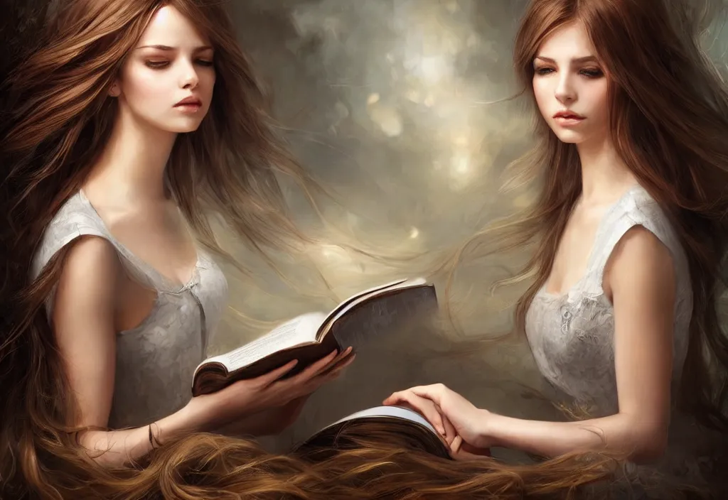 Image similar to a girl reading a book, hair flowing down, 8 k, hyperrealistic, hyperdetailed, fantasy portrait by laura sava, singular woman