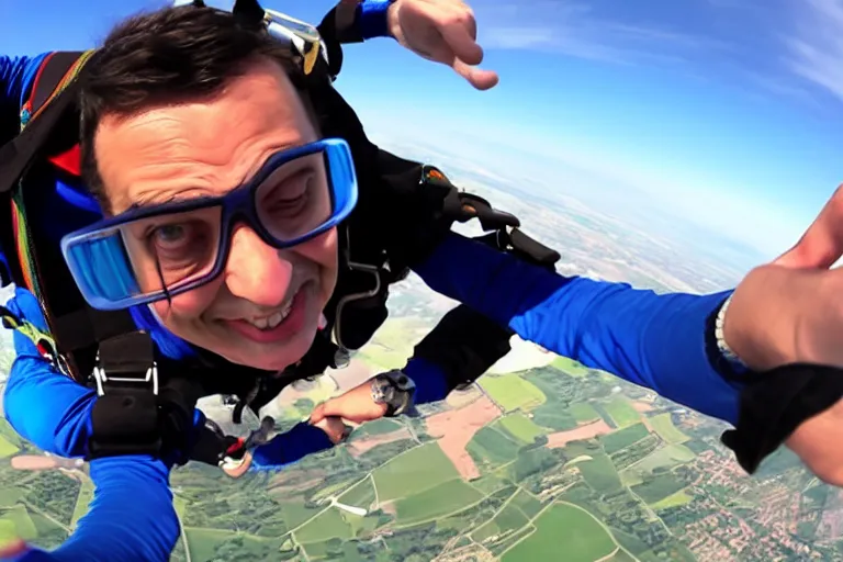 Prompt: GoPro selfie of Mr Bean skydiving, wide-angle, dramatic, motion blur