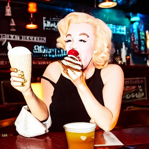 Prompt: marilyn manroe licking a melting ice cream cone sitting in a cyberpunk pub